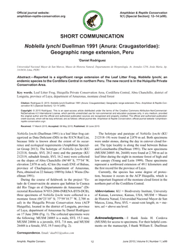 SHORT COMMUNICATION Noblella Lynchi Duellman 1991 (Anura: Craugastoridae): Geographic Range Extension, Peru