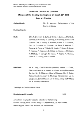 Comhairle Chontae Na Gaillimhe Minutes of the Monthly Meeting Held on March 26Th 2018 Áras an Chontae