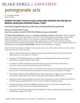 ROBERT WILSON / PHILIP GLASS LANDMARK EINSTEIN on the BEACH BEGINS YEARLONG INTERNATIONAL TOUR First Fully Staged Production in 20 Years of the Rarely Performed Work