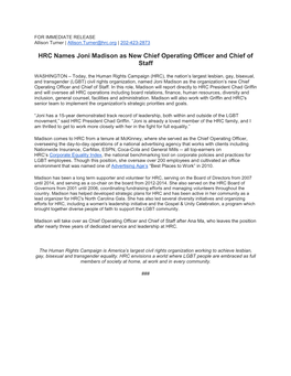 HRC Names Joni Madison As New Chief Operating Officer and Chief of Staff