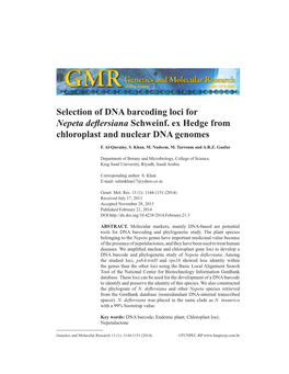 Selection of DNA Barcoding Loci for Nepeta Deflersiana Schweinf. Ex Hedge from Chloroplast and Nuclear DNA Genomes