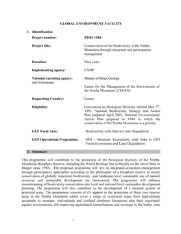 Conservation of the Biodiversity of the Nimba Mountains Through Integrated and Participatory Management