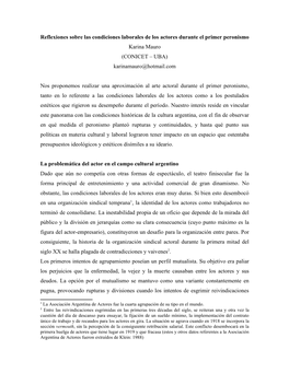 Reflexiones Sobre Las Condiciones Laborales De Los Actores Durante El Primer Peronismo Karina Mauro (CONICET – UBA) Karinamauro@Hotmail.Com