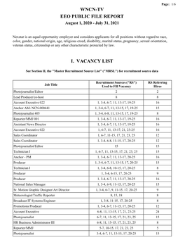 Wncn-Tv Eeo Public File Report I. Vacancy List