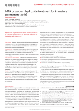 MTA Or Calcium Hydroxide Treatment for Immature Permanent Teeth? Abstracted from Chala S, Abouqal R, Rida S