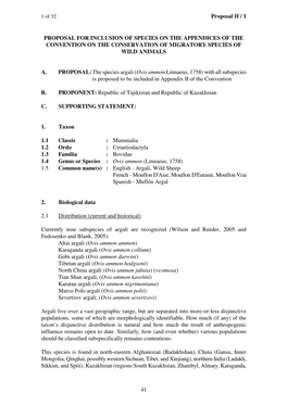 Ovis Ammon Linnaeus, 1758) with All Subspecies Is Proposed to Be Included in Appendix II of the Convention