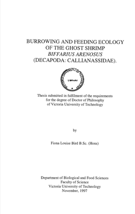 Burrowing and Feeding Ecology of the Ghost Shrimp Biffarius Arenosus (Decapoda: Callianassidae)