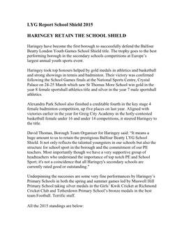LYG Report School Shield 2015 HARINGEY RETAIN the SCHOOL