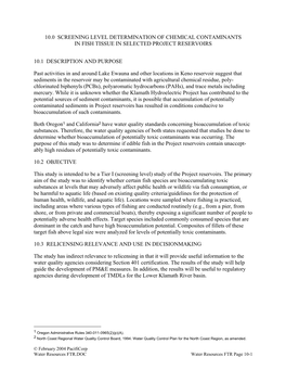 10.0 Screening Level Determination of Chemical Contaminants in Fish Tissue in Selected Project Reservoirs