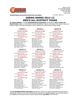 Pdf Version Standout Players and Coaches Chosen from Nine Regions USBWA NAMES 2011-12 MEN's ALL-DISTRICT TEAMS ST