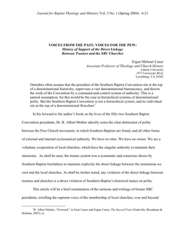 VOICES from the PAST; VOICES for the PEW: History of Support of the Direct Linkage Between Trustees and the SBC Churches