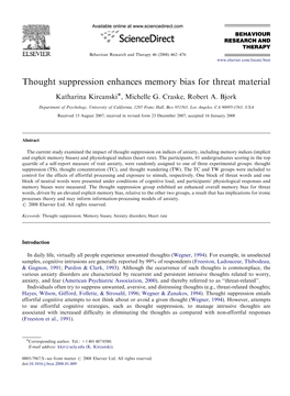 Thought Suppression Enhances Memory Bias for Threat Material