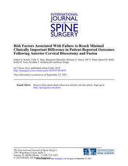 Following Anterior Cervical Discectomy and Fusion Outcomes