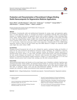 Production and Characterization of Recombinant Collagen-Binding Resilin Nanocomposite for Regenerative Medicine Applications