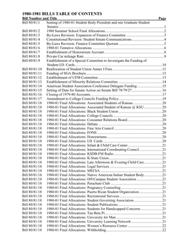 1980-1981 BILLS TABLE of CONTENTS Bill Number and Title Page Bill 80/81/1 Seating of 1980-81 Student Body President and One Graduate Student Senator