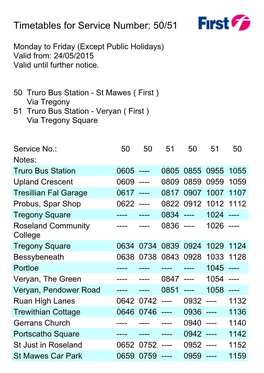 Timetables for Service Number: 50/51