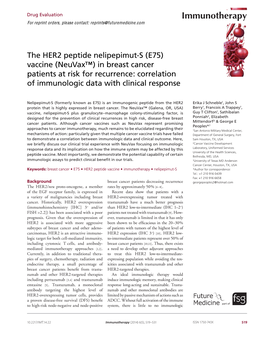 The HER2 Peptide Nelipepimut-S (E75) Vaccine (Neuvax™) in Breast Cancer Patients at Risk for Recurrence: Correlation of Immunologic Data with Clinical Response