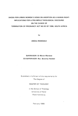 Xhosa Peri-Urban Women's Views on Abortion As a Human Right: Implications for a Pro-Impilo Theological Discourse