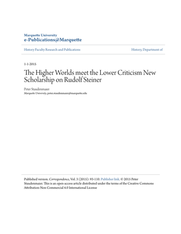 The Higher Worlds Meet the Lower Criticism New Scholarship on Rudolf Steiner