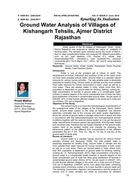 Ground Water Analysis of Villages of Kishangarh Tehsils, Ajmer District