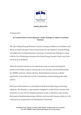 MEDIA RELEASE 12 March 2013 EU Commissioner for Development