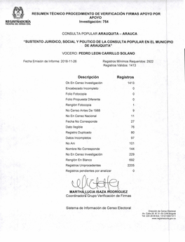 RESUMEN TÉCNICO PROCEDIMIENTO DE VERIFICACIÓN FIRMAS APOYO POR APOYO REGISTRADURÍA Investigación: 754 NACIONAL DEL MUDO CIVIL