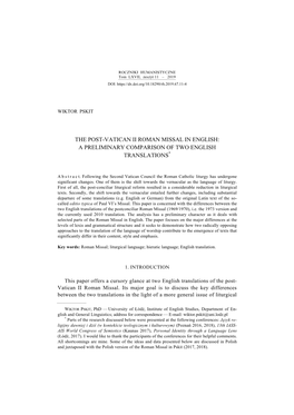 The Post-Vatican Ii Roman Missal in English: a Preliminary Comparison of Two English Translations*