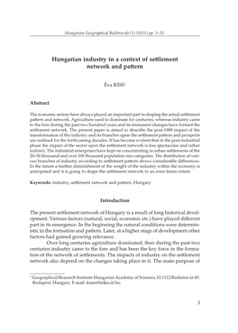 Hungarian Industry in a Context of Settlement Network and Pattern