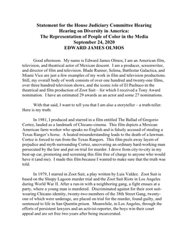 Statement for the House Judiciary Committee Hearing Hearing on Diversity in America: the Representation of People of Color in Th