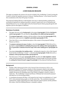 GS 2018 GENERAL SYNOD a NEW ENABLING MEASURE This Paper