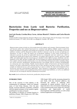 Bacteriocins from Lactic Acid Bacteria: Purification, Properties and Use As Biopreservatives