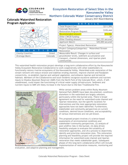 Ecosystem Restoration of Select Sites in the Kawuneeche Valley Northern Colorado Water Conservancy District Colorado Watershed Restoration January 2021 Board Meeting