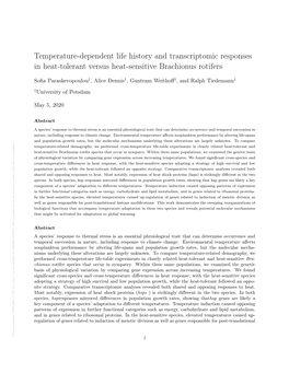 Temperature-Dependent Life History and Transcriptomic