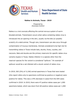 Rabies in Animals, Texas - 2019