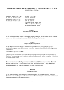 Production Code of the Denominazione Di Origine Controllata Wine “Bolgheri Sassicaia”