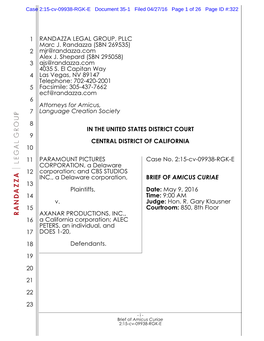 BRIEF of AMICUS CURIAE 13 Plaintiffs, Date: May 9, 2016 14 Time: 9:00 AM V