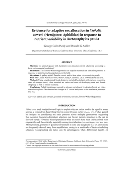 Evidence for Adaptive Sex Allocation in Tamalia Coweni (Hemiptera: Aphididae) in Response to Nutrient Variability in Arctostaphylos Patula