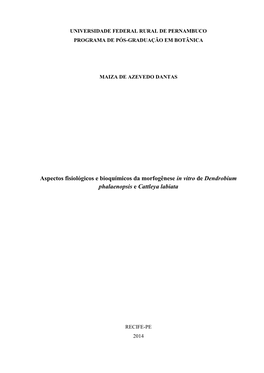 Aspectos Fisiológicos E Bioquímicos Da Morfogênese in Vitro De Dendrobium Phalaenopsis E Cattleya Labiata