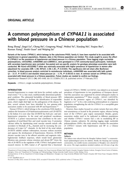 A Common Polymorphism of CYP4A11 Is Associated with Blood Pressure in a Chinese Population