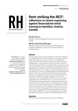 Rent-Striking the REIT: Reflections on Tenant Organizing Against Financialized Rental Housing in Hamilton, Ontario, Canada