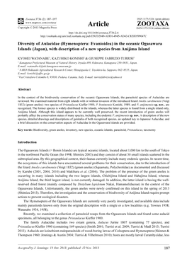 Diversity of Aulacidae (Hymenoptera: Evanioidea) in the Oceanic Ogasawara Islands (Japan), with Description of a New Species from Anijima Island