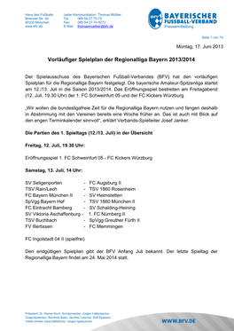2013-06-17-Vorläufiger Spielplan Der Regionalliga Bayern 2013-2014 Steht