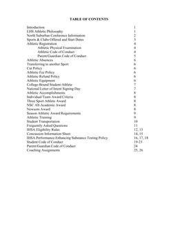 TABLE of CONTENTS Introduction 1 LHS Athletic Philosophy 1 North