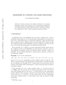 Arxiv:2001.07094V3 [Math.NT] 10 May 2021 Aeo Nirdcbeplnma)Alclgoa Principl a Local-Global Conditions, a Local Polynomial) I Are Irreducible Mcmullen 20]