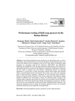 Performance Testing of Field Crop Sprayers in the Rasina District