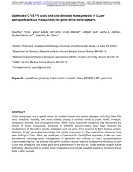 Optimized CRISPR Tools and Site-Directed Transgenesis in Culex ​ Quinquefasciatus Mosquitoes for Gene Drive Development