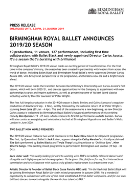 Birmingham Royal Ballet Announces 2019/20 Season