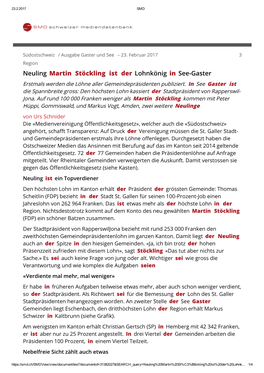 Neuling Martin Stöckling Ist Der Lohnkönig in See-Gaster Erstmals Werden Die Löhne Aller Gemeindepräsidenten Publiziert