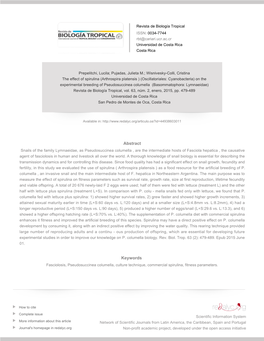 Redalyc. the Effect of Spirulina (Arthrospira Platensis ) (Oscillatoriales: Cyanobacteria) on the Experimental Breeding of Pseud