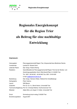 Regionales Energiekonzept Für Die Region Trier Als Beitrag Für Eine Nachhaltige Entwicklung